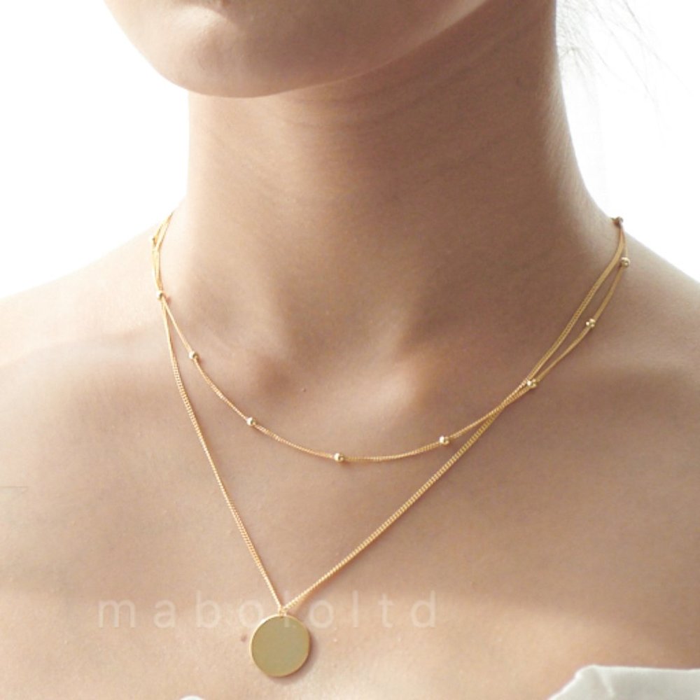 18K Gold Double Chain Gold Necklace with Pendant